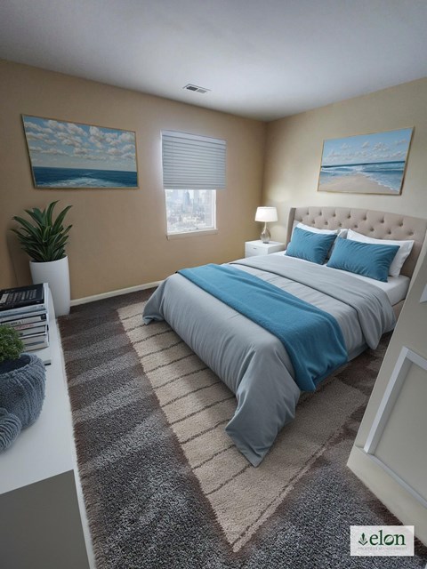 A bedroom with a large bed and a painting on the wall.