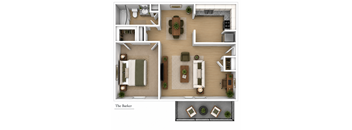 A top-down view of a living room, kitchen, and dining area in a house named "The Barker".
