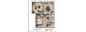 A floor plan of a one bedroom apartment at The Hub at Nora.