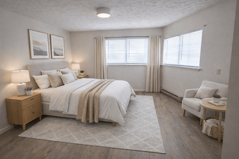 A bedroom with a large bed and a chair.