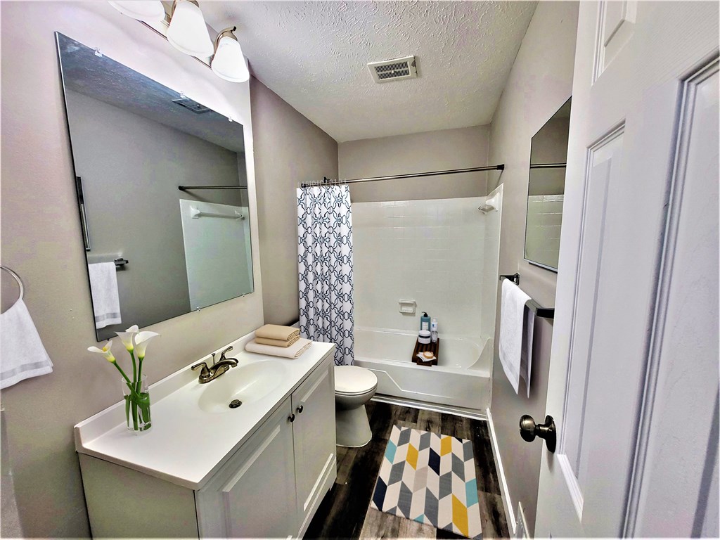 Bathroom with a mirror, white countertops, sink, and a toilet.  