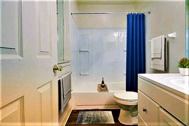 a white bathroom with a toilet and a shower