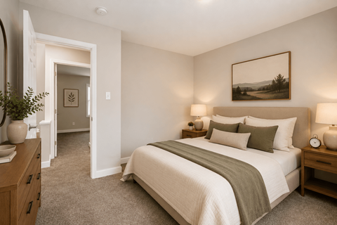 A bedroom with a large bed and a painting on the wall.
