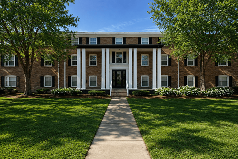A building with a white front door flanked by two trees.
