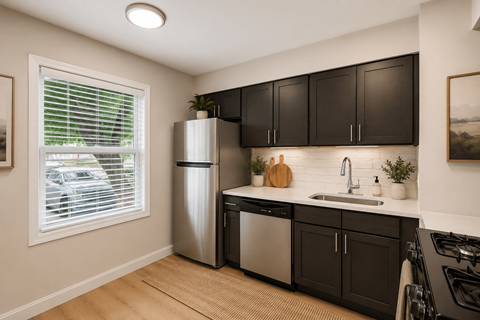 A kitchen with black cabinets and a stainless steel refrigerator.