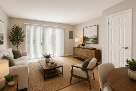 A living room with a white couch, a wooden coffee table, and a white door.