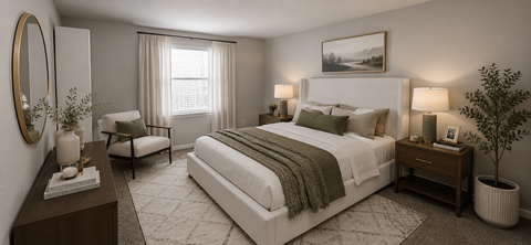 A bedroom with a large bed, a chair, a nightstand, and a plant.