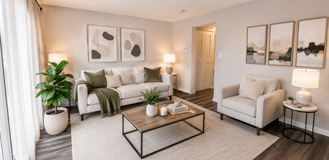 A living room with a white couch, a green throw, and a coffee table.