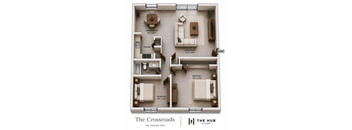 A floor plan of a house with a dining room, living room, kitchen, and two bedrooms.