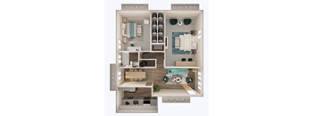 A 3D floor plan of a small apartment with a kitchen, living room, and bathroom.
