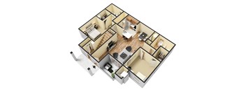 A 3D floor plan of a house with multiple rooms and furniture.