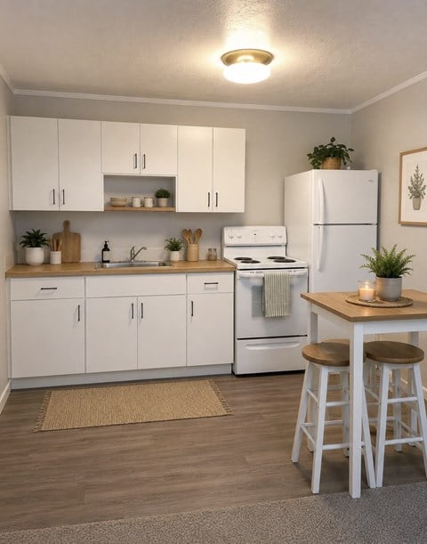 A kitchen with white appliances and wooden floors.