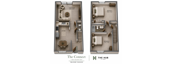 A diagram of a two story townhouse layout with a living room, kitchen, dining room, and two bedrooms.