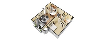 A 3D floor plan of a house with a kitchen, living room, and two bedrooms.