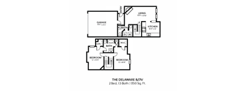 A black and white floor plan of a two bedroom, one bathroom apartment.
