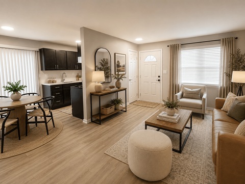 A modern living room with a kitchen area in the background.