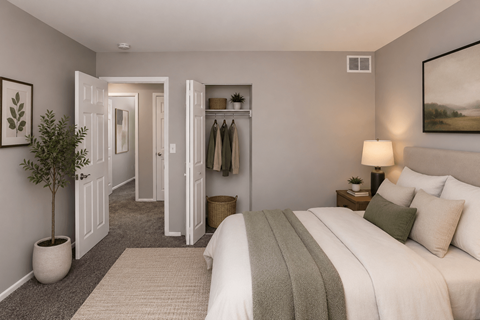 A bedroom with a large bed and a closet.