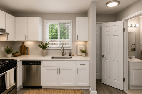 A white kitchen with a black stove top oven.