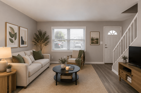 A living room with a couch, coffee table, and a television.