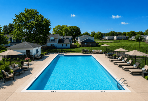 A large swimming pool surrounded by lounge chairs and umbrellas.