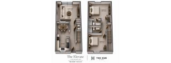 A floor plan of a two story townhome with a living room, dining room, kitchen, and two bedrooms.