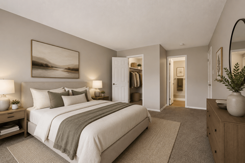 A well-lit bedroom with a large bed and a painting on the wall.