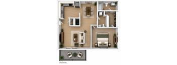 A floor plan of a house layout with a living room, dining room, kitchen, and bedrooms.
