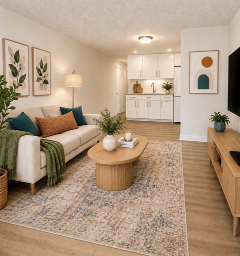 A living room with a white couch, a coffee table, and a rug.