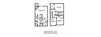 A floor plan of a 3 bedroom, 1.5 bathroom apartment.
