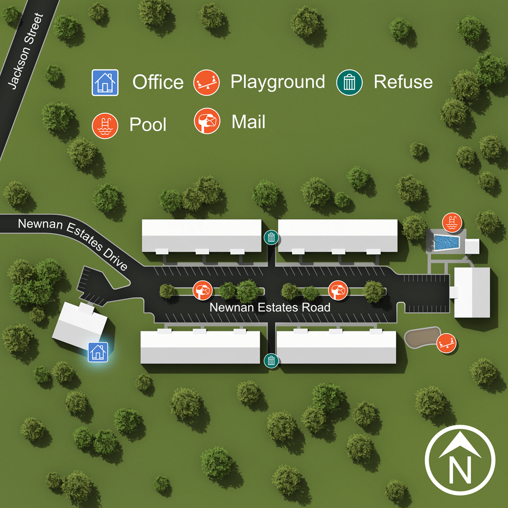 a map of a parking lot with a road and buildings