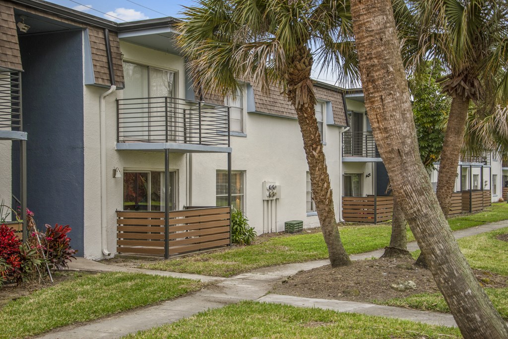a sidewalk in front of a building with palm trees