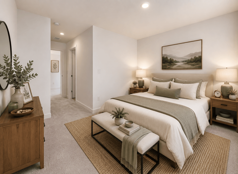 A bedroom with a large bed and a painting on the wall.