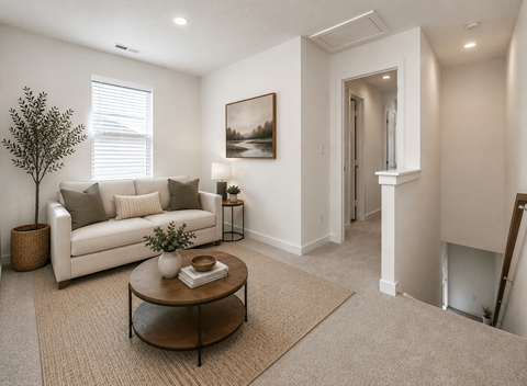A living room with a white couch, a tree, a coffee table, and a painting on the wall.