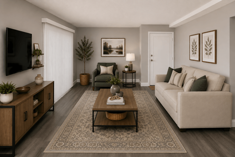 A living room with a couch, a coffee table, and a television.