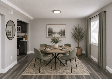 A dining room with a table set for four.