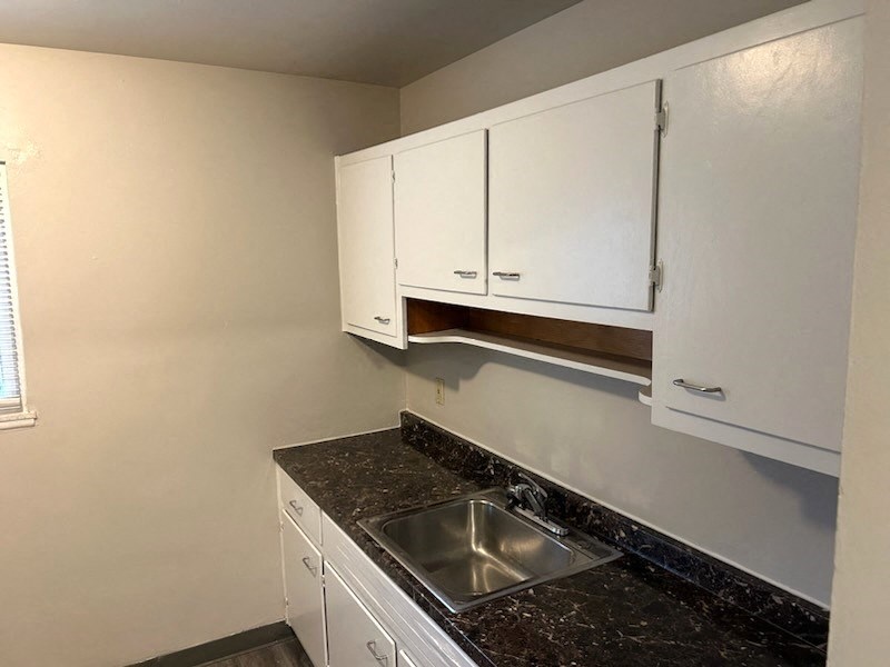 a kitchen with a sink and white cabinets
