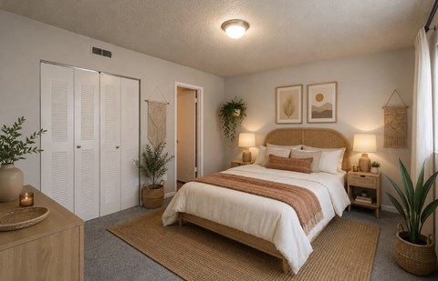 A bedroom with a bed, nightstand, and potted plants.