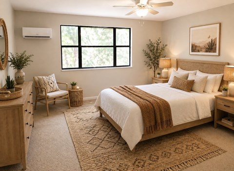 A bedroom with a large bed, a chair, and a rug.