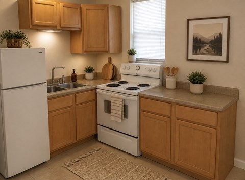 A kitchen with a white refrigerator, white stove, and wooden cabinets.