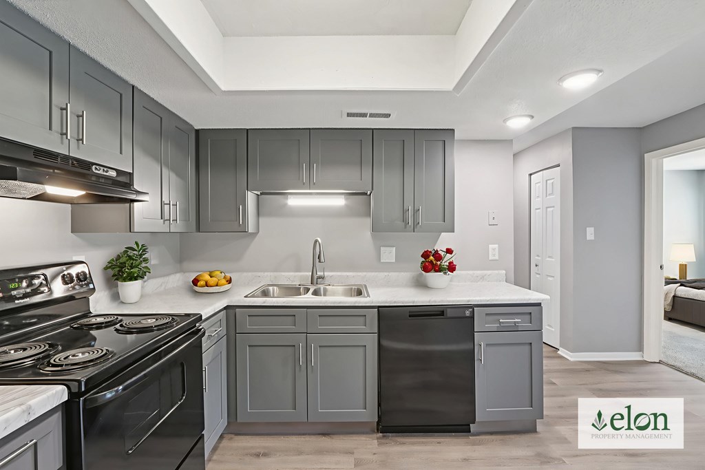A modern kitchen with a stove top oven, sink, and cabinets.
