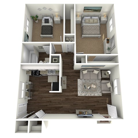 a 3d rendering of a floor plan with a bedroom and living room