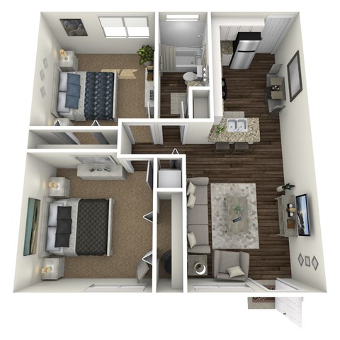 a 3d rendering of a floor plan with a bedroom and living room