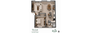 A floor plan of a 702 square foot apartment at The Hub at Nora.