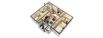 A 3D floor plan of a small apartment with a kitchen, living room, and bathroom.