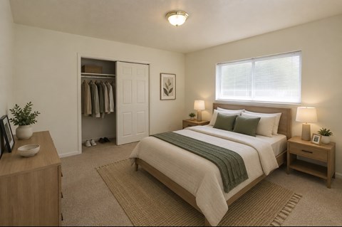 A bedroom with a large bed, a wooden nightstand, and a wardrobe.