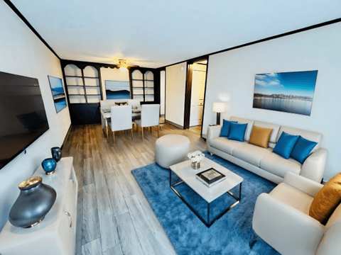 A modern living room with a white sofa, a coffee table, and a blue rug.