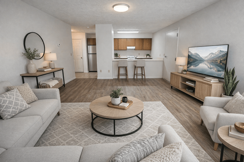 A living room with a grey sofa, a coffee table, and a television.