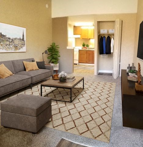 a living room with a couch and a table