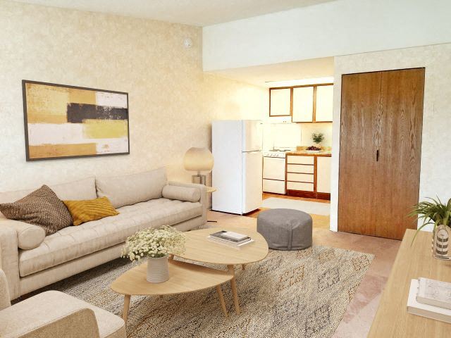 a living room with a couch and a table