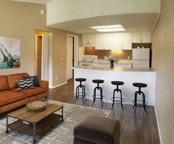 a living room with a kitchen and a couch